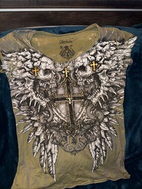 Archaic Olive Green Tee with White Skull & Gold Cross Accents